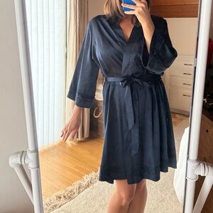 Silky Navy Wrap Robe with Lace Trim - Women Intimates
